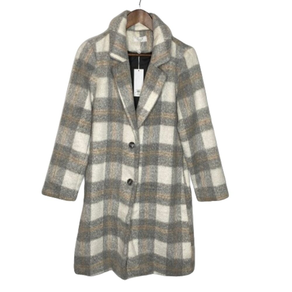 NWT Sage The Label Womens Charlie Plaid Long Coat XS - Ivory Gray Academia